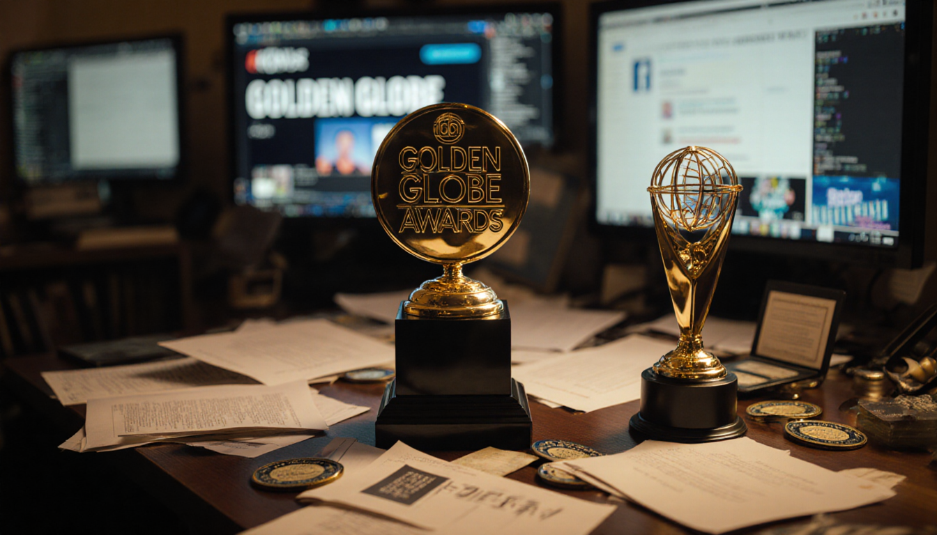 Golden Globe trophy gleaming with soft warm light next to podcast trophy amid scattered awards and papers