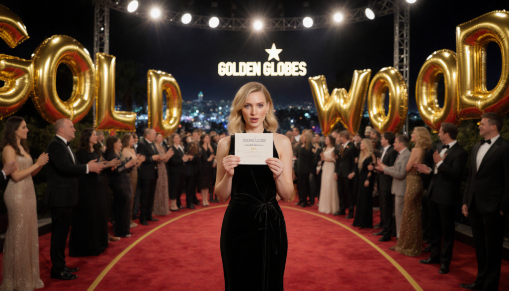 Actress clutching Golden Globes nomination announcement with gold balloons and Hollywood sign glowing on red carpet