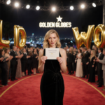 Actress clutching Golden Globes nomination announcement with gold balloons and Hollywood sign glowing on red carpet