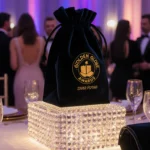 Velvet gift bag rests on crystal pedestal with gold accents and Golden Globes logo near wine glasses in warm glow