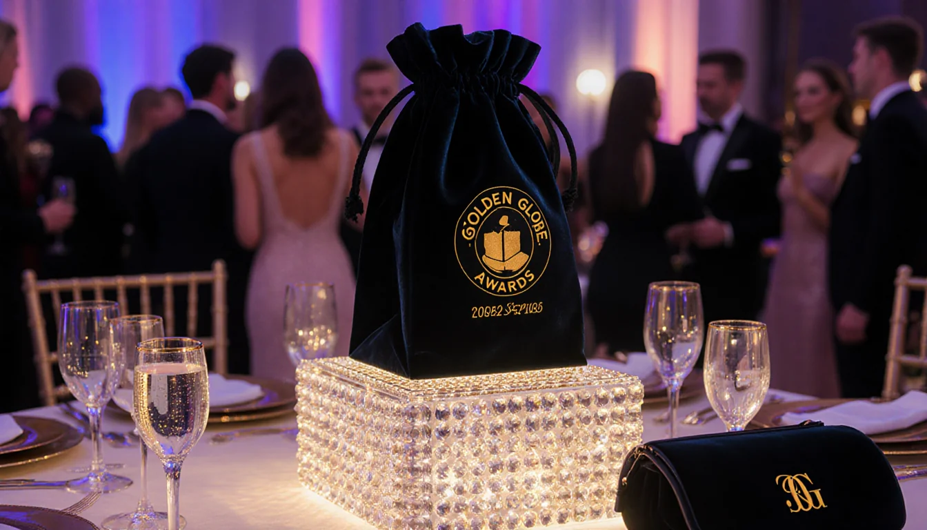 Velvet gift bag rests on crystal pedestal with gold accents and Golden Globes logo near wine glasses in warm glow