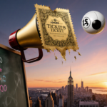 Lottery ticket drops from megaphone with sunset cityscape and Powerball hint