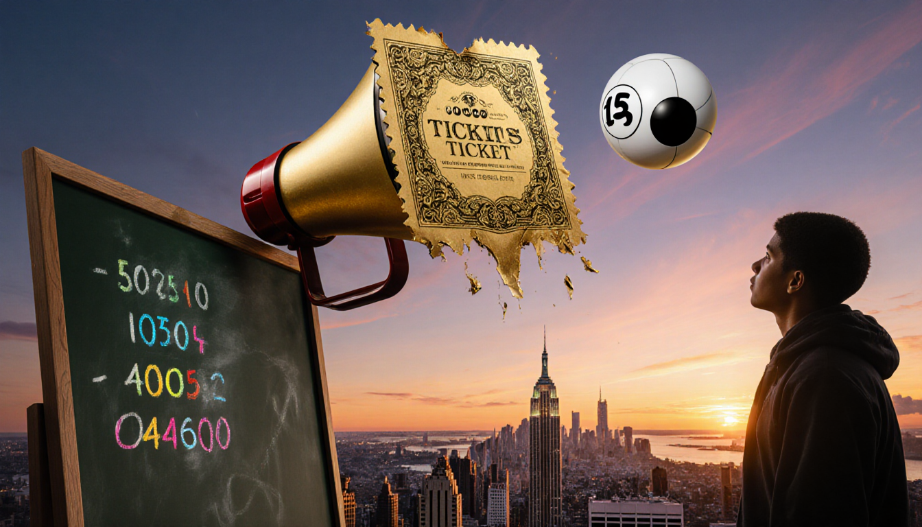 Lottery ticket drops from megaphone with sunset cityscape and Powerball hint