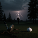 Father walking toward camera with determined expression on a dusk golf course and a distant lightning bolt illuminating sky