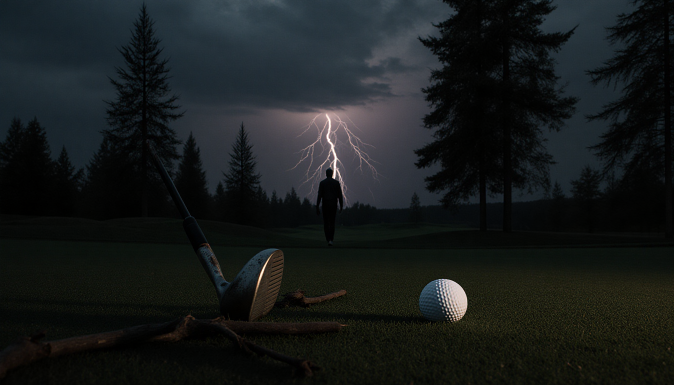 Father walking toward camera with determined expression on a dusk golf course and a distant lightning bolt illuminating sky