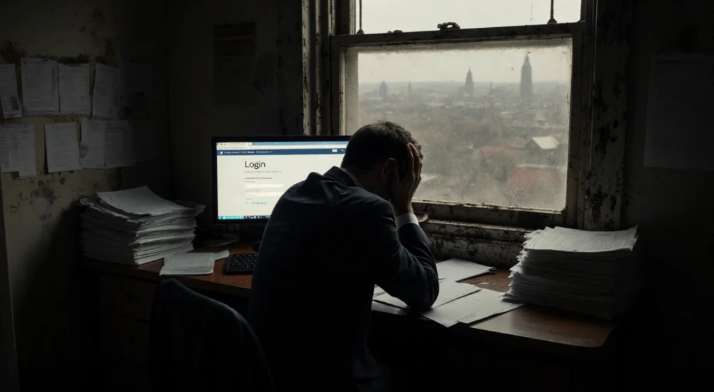 Man in suit sits with head in hands on desk with computer screen showing login page grimy window revealing New Jersey landsca