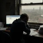 Man in suit sits with head in hands on desk with computer screen showing login page grimy window revealing New Jersey landsca
