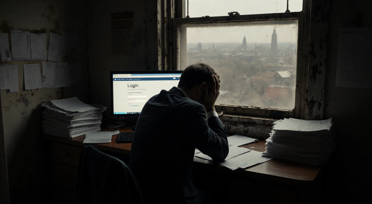 Man in suit sits with head in hands on desk with computer screen showing login page grimy window revealing New Jersey landsca