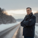 Governor Phil Murphy standing on a snowy road with warm golden light and overcast sky
