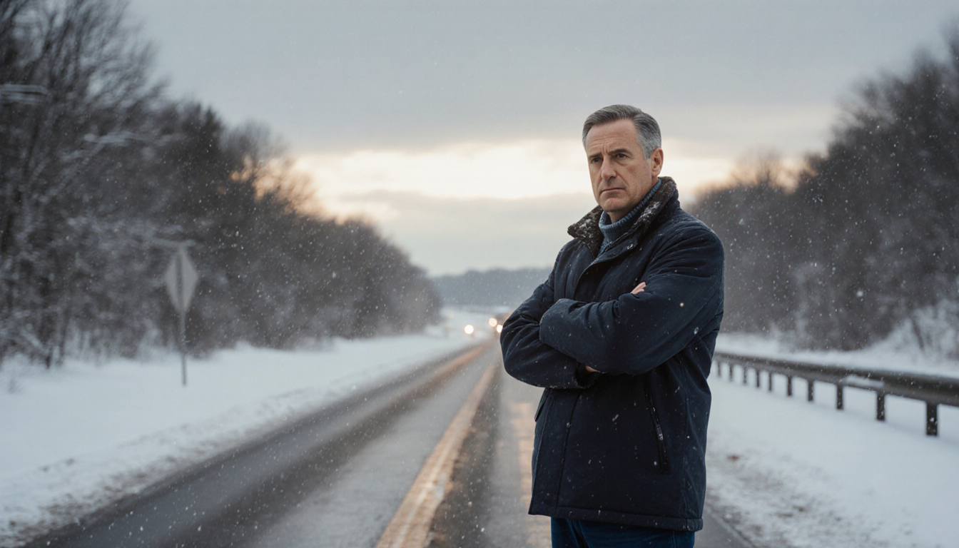 Governor Phil Murphy standing on a snowy road with warm golden light and overcast sky