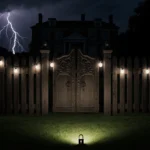 Gate illuminated by spotlight with string lights on fence and stormy sky flashing in background