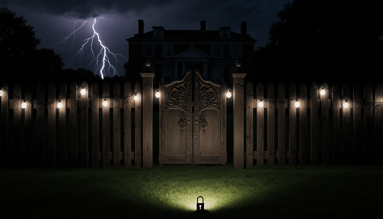 Gate illuminated by spotlight with string lights on fence and stormy sky flashing in background