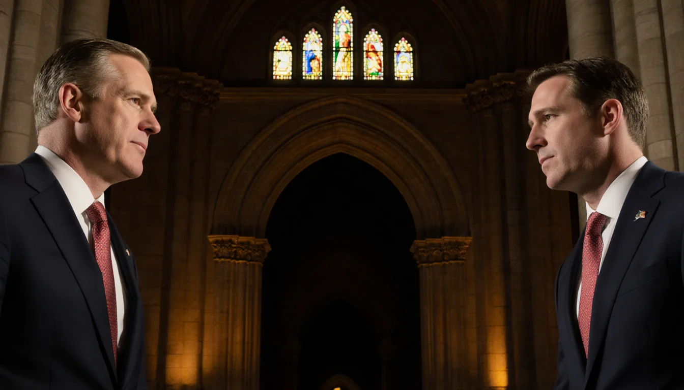 Governor Josh Shapiro and Governor Spencer Cox seated with light from stained glass illuminating an archway at the Cathedral