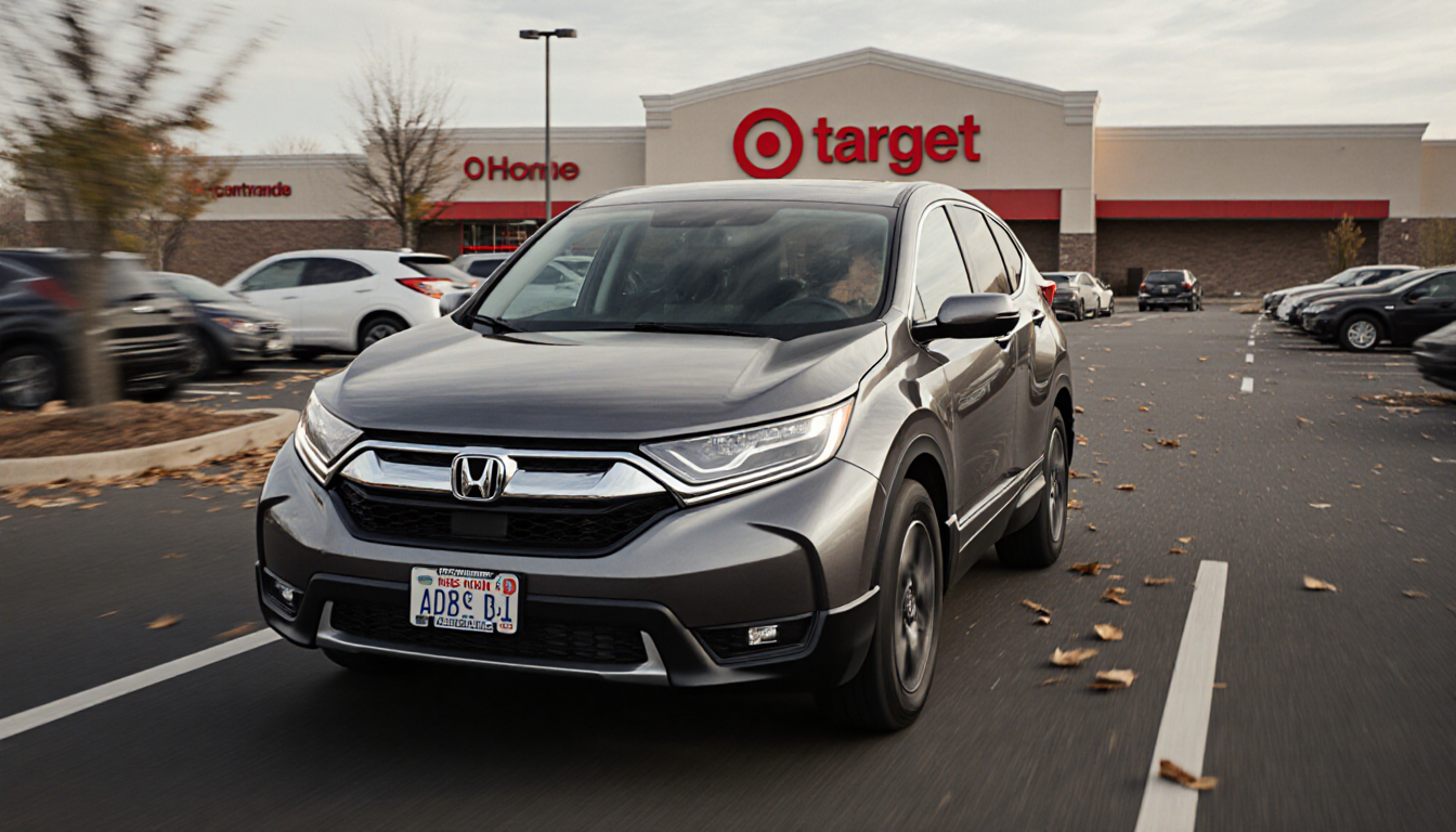 Gray Honda CRV speeding out of Target parking lot with New Jersey license plate and wind‑blown leaves.