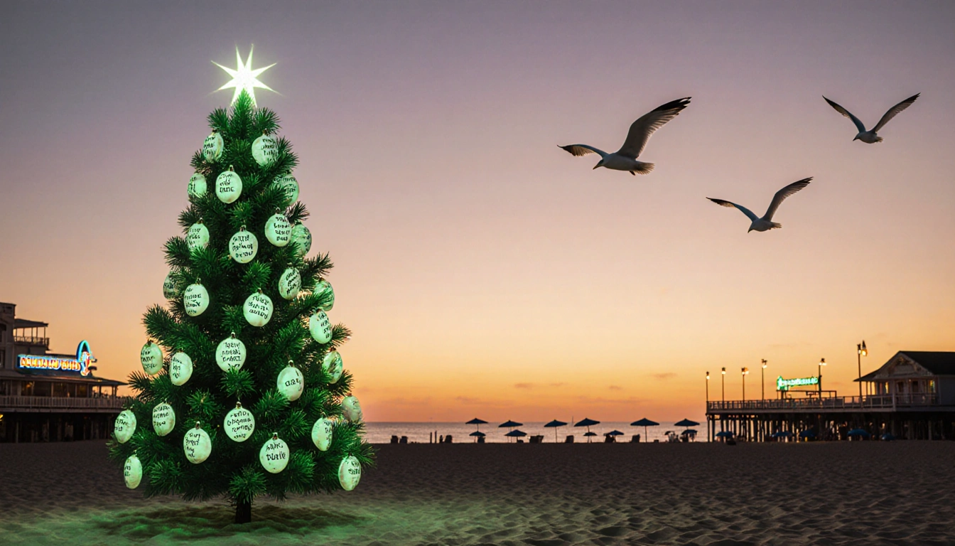 Green Christmas tree glowing on Jersey Shore beach at sunset with shells on branches and distant boardwalk.