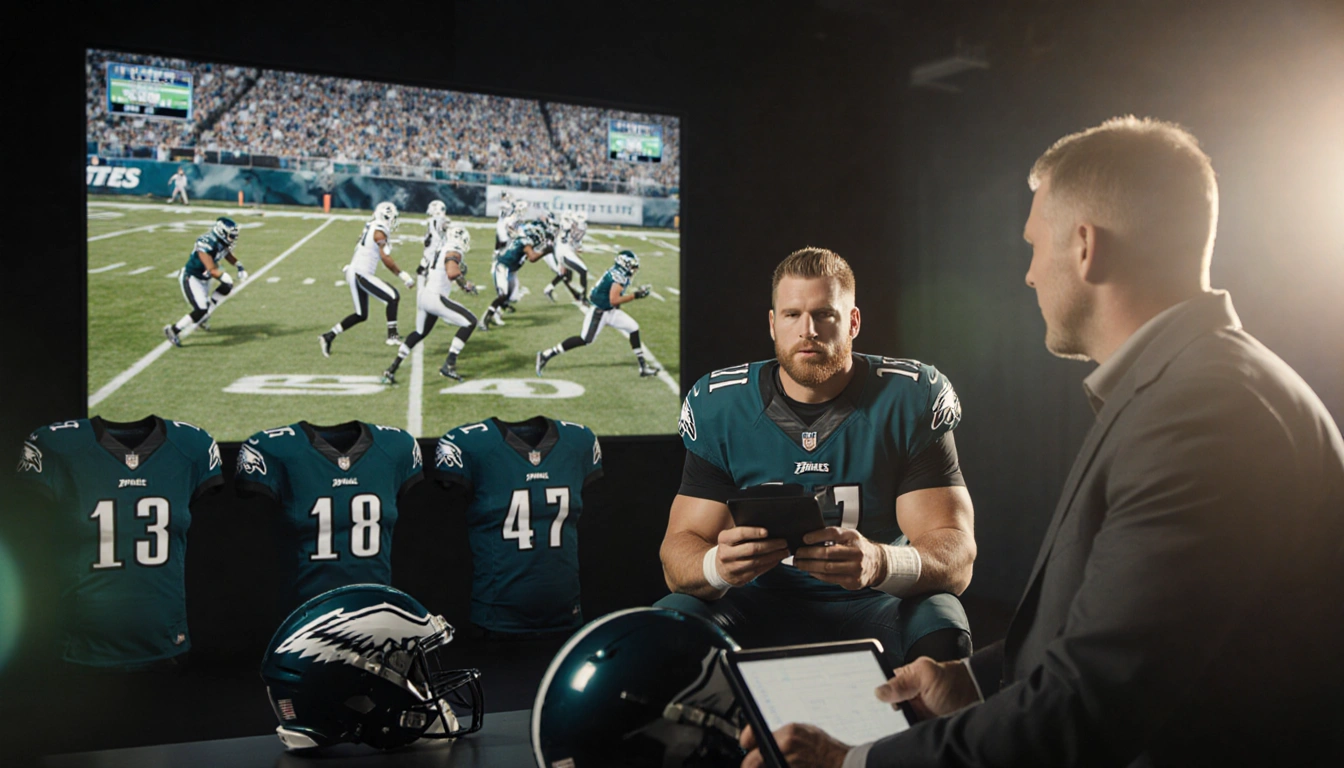 Greg Olsen and John Clark analyze Eagles game on tablet with studio lights and screen simulation