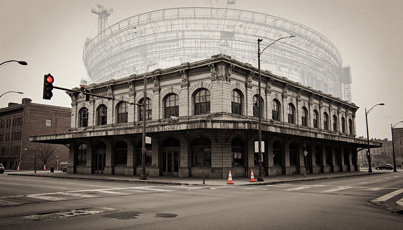 Greyhound Bus Depot building stands with faded façade and old streetlights near torn blueprints in abandoned Philadelphia