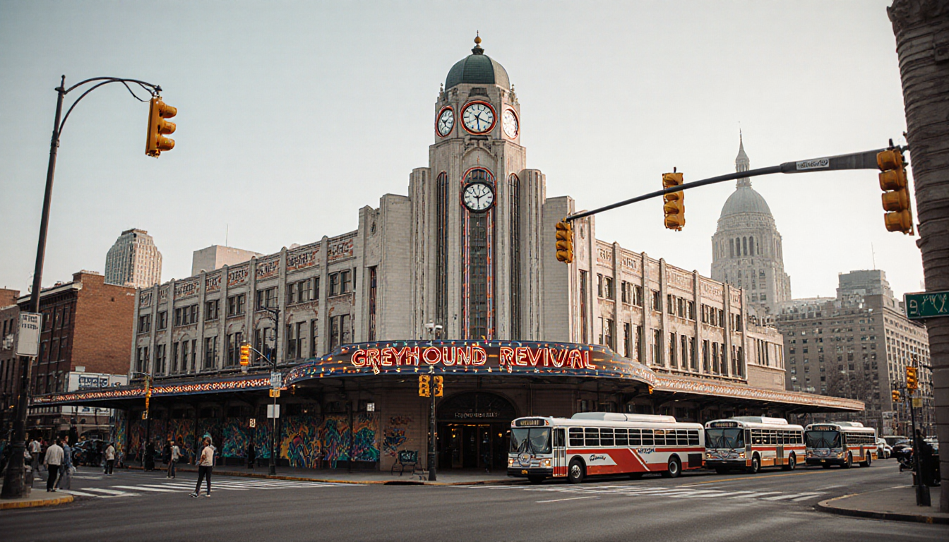 Historic Greyhound Depot entrance with restored sign and buses parked in front near bustling city street and skyline.