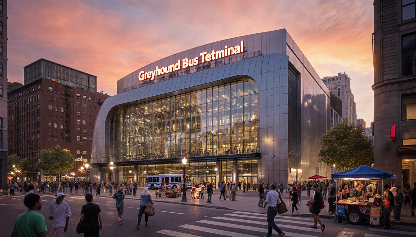 Greyhound Bus Terminal gleams with glass facade under orange sunset and bustling crowds on the surrounding streets