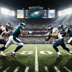 Football teams clash on packed stadium field with cheering fans and flashing scoreboard lights showing Week 16 playoff battle