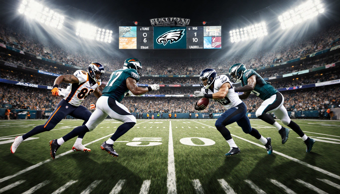 Football teams clash on packed stadium field with cheering fans and flashing scoreboard lights showing Week 16 playoff battle