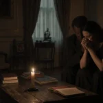 Couple clasping hands in grief with a candle glow over a worn wooden table and a dimly lit living room full of memories