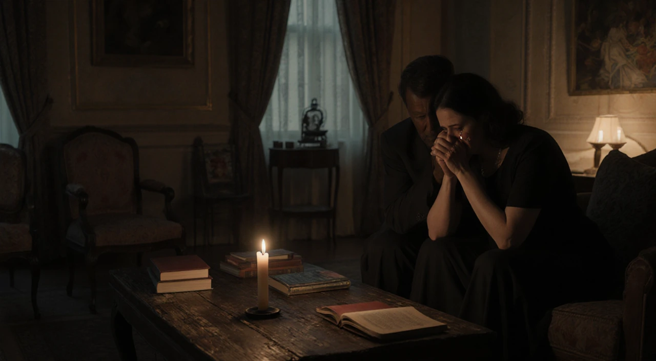 Couple clasping hands in grief with a candle glow over a worn wooden table and a dimly lit living room full of memories