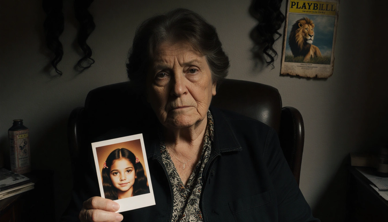 Grieving mother sits alone holding daughter's photo with faded Lion King playbill and theatrical hair strands