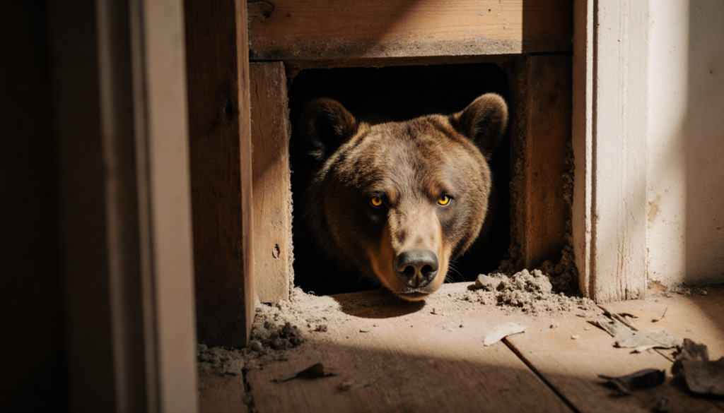 Brown bear peeking from crawl space panel with warm light and dusty debris
