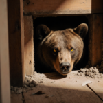 Brown bear peeking from crawl space panel with warm light and dusty debris