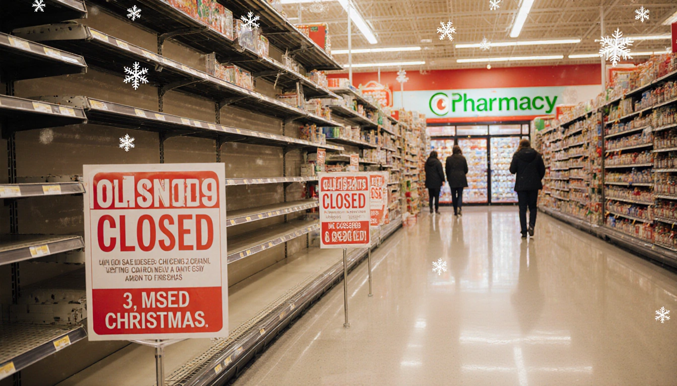 Closed grocery store fronts with snowflakes and a pharmacy aisle bustling with customers in background