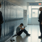 Security guard holds a handcuffed teenager with a police officer approaching in a dim school hallway