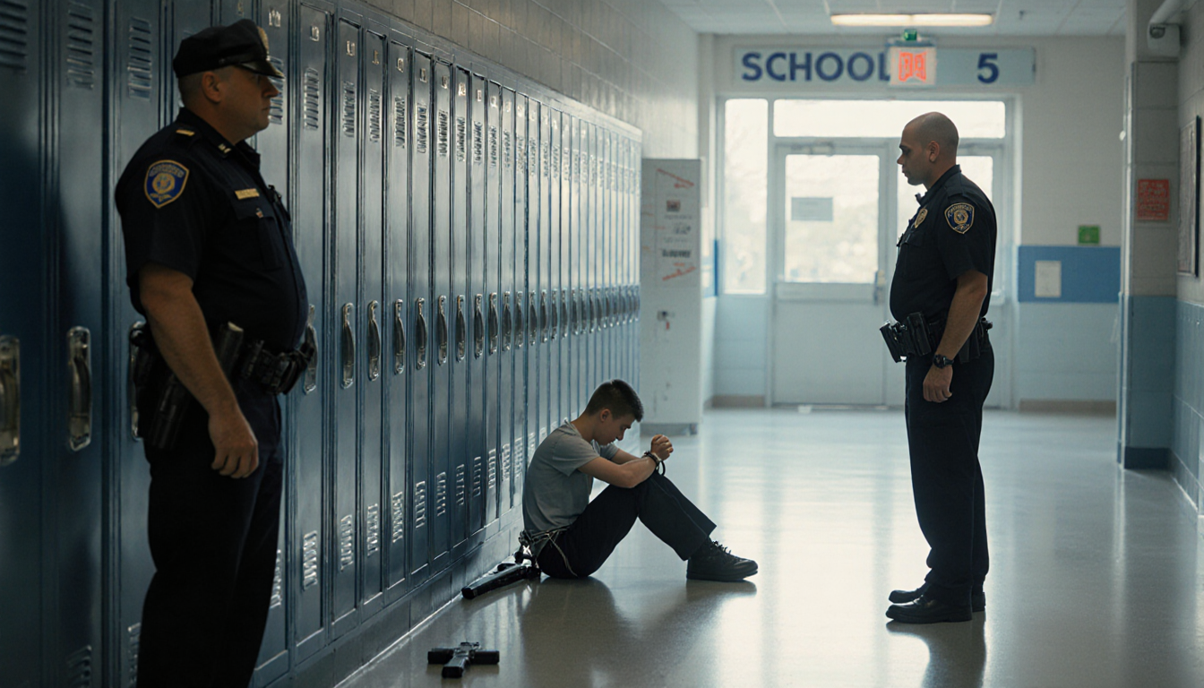 Security guard holds a handcuffed teenager with a police officer approaching in a dim school hallway