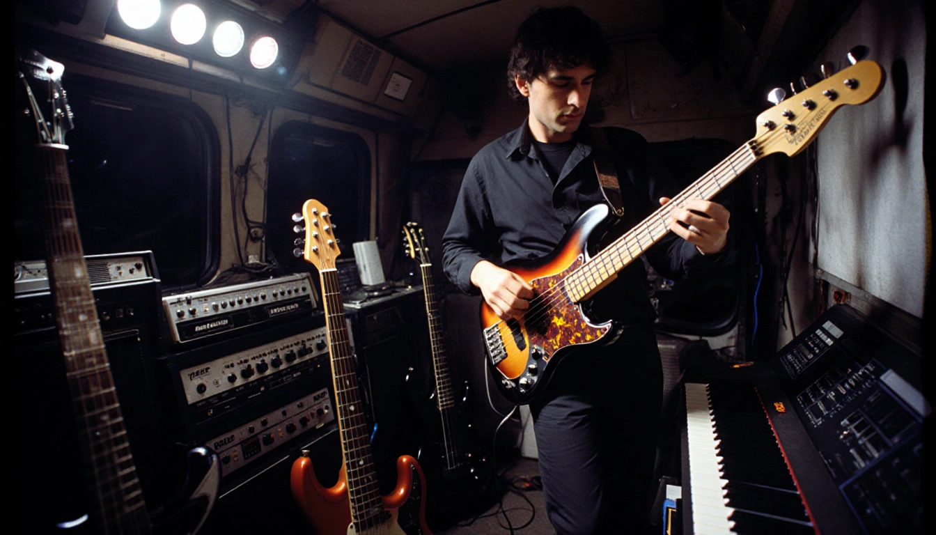 Guitar technician setting up amps and guitars backstage with Perry Bamonte holding a six-string bass in 80s under dim lightin