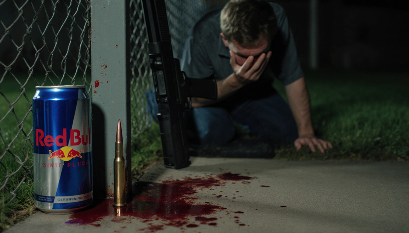 Man kneeling with blood pool near him and slumped gun beside bullet casing