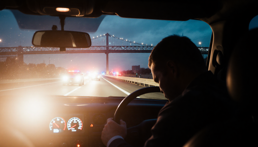 Injured driver slumped over steering wheel illuminated by dashboard lights with Walt Whitman Bridge reflected in windshield