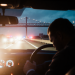 Injured driver slumped over steering wheel illuminated by dashboard lights with Walt Whitman Bridge reflected in windshield