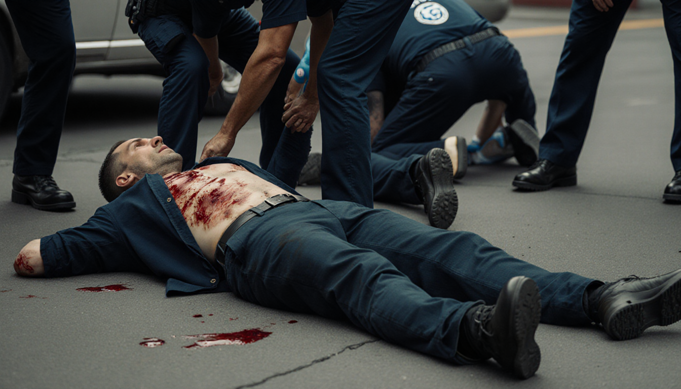 Two men lying on ground with gunshot wounds on one and blood-soaked legs on other, paramedics nearby.