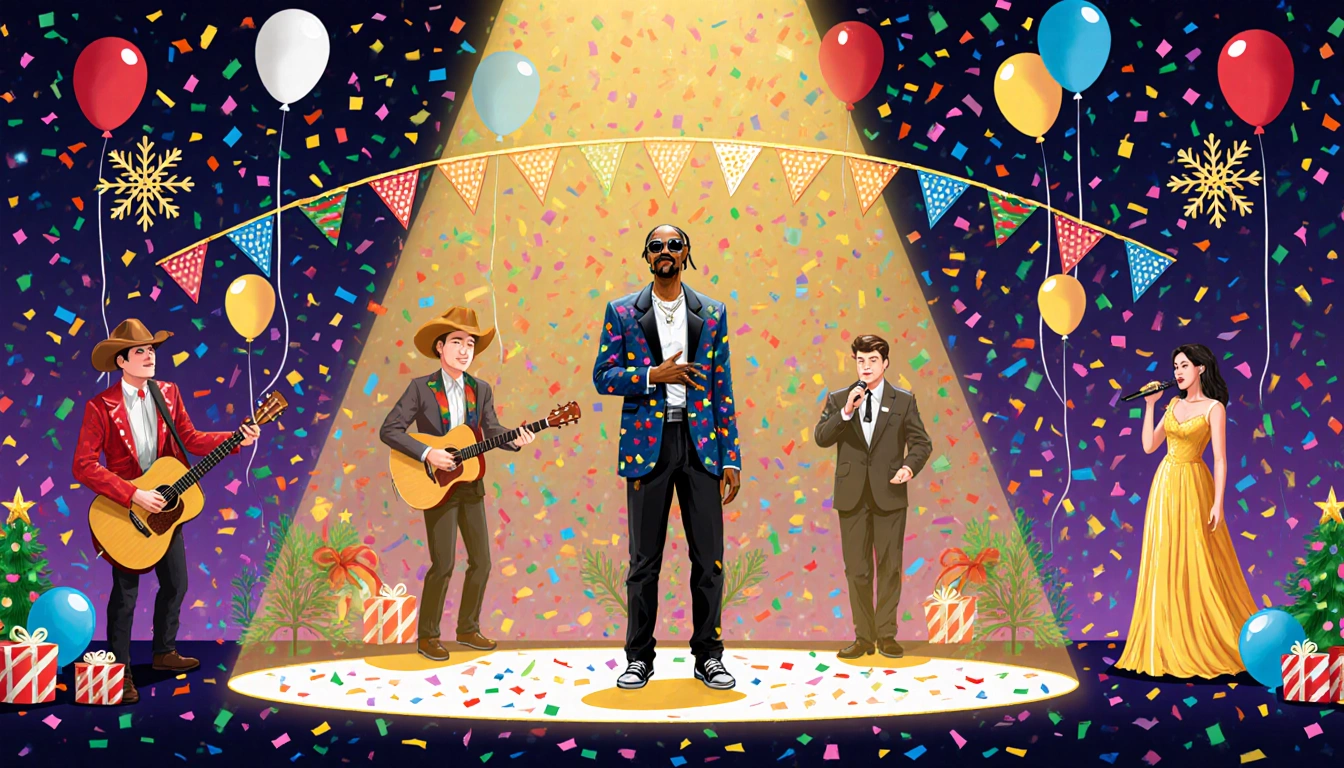 Snoop Dogg performing on stage with confetti and balloons while musicians perform in lights during a holiday party
