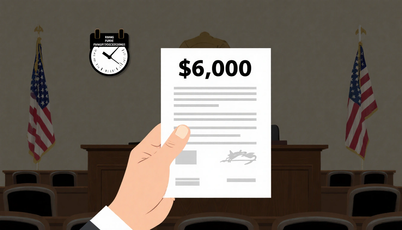 Man's hand holding a contract with a bold $6,000 bond amount and clock showing pending proceedings in a courtroom background.