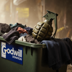 Hand grenade protruding from Goodwill bin with clothes and warning tape