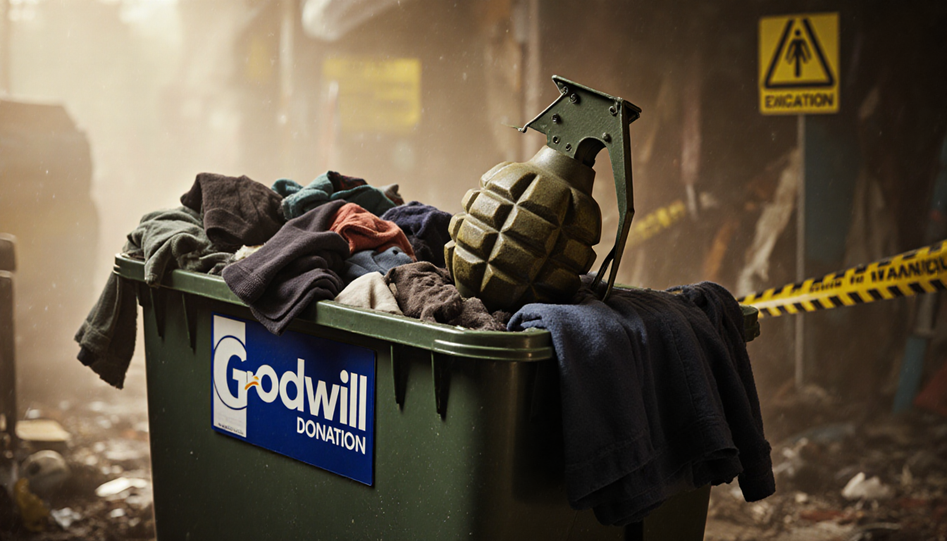 Hand grenade protruding from Goodwill bin with clothes and warning tape