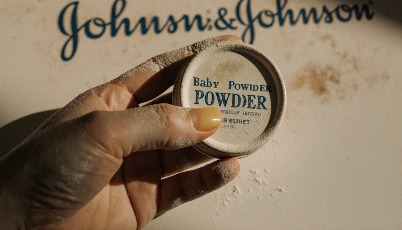 Woman holding dusty baby powder container with stained fingers and faded logo in nostalgic glow