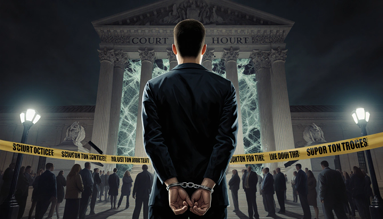 Handcuffed person standing before courthouse with shattered windows and police lights flashing