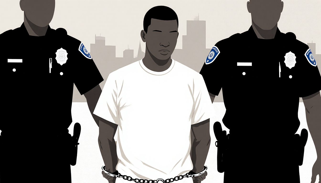 Handcuffed person being led by police with badge and white shirt and faint mall outline