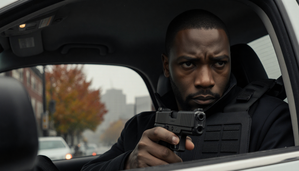 Man’s hand grips a handgun with a ballistic plate on jacket leaning against car door during traffic stop in foggy Wilmington.