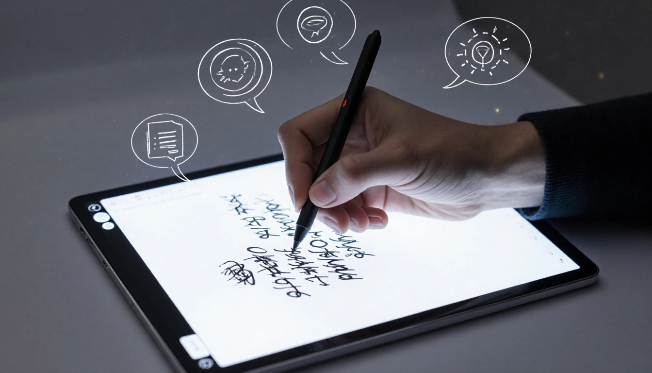 Hand holding stylus writing handwriting on tablet with AI icon for translation and summary and assist
