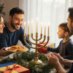 Family of four sits around a beautifully lit golden menorah with candles, surrounded by lush greenery and colorful gifts.