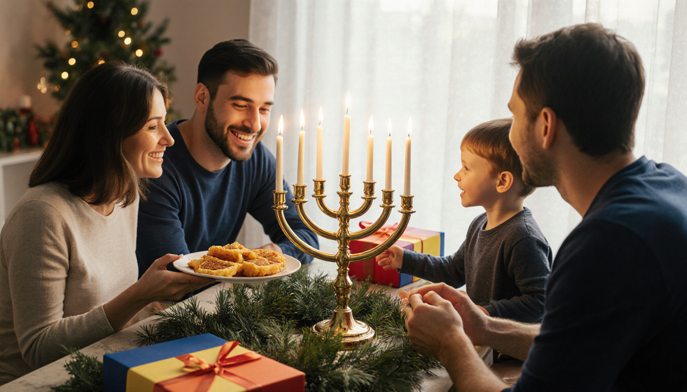 Family of four sits around a beautifully lit golden menorah with candles, surrounded by lush greenery and colorful gifts.