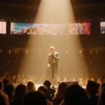 Harry Styles sings an emotional piano ballad with a spotlight shining on him and golden light illuminating the audience